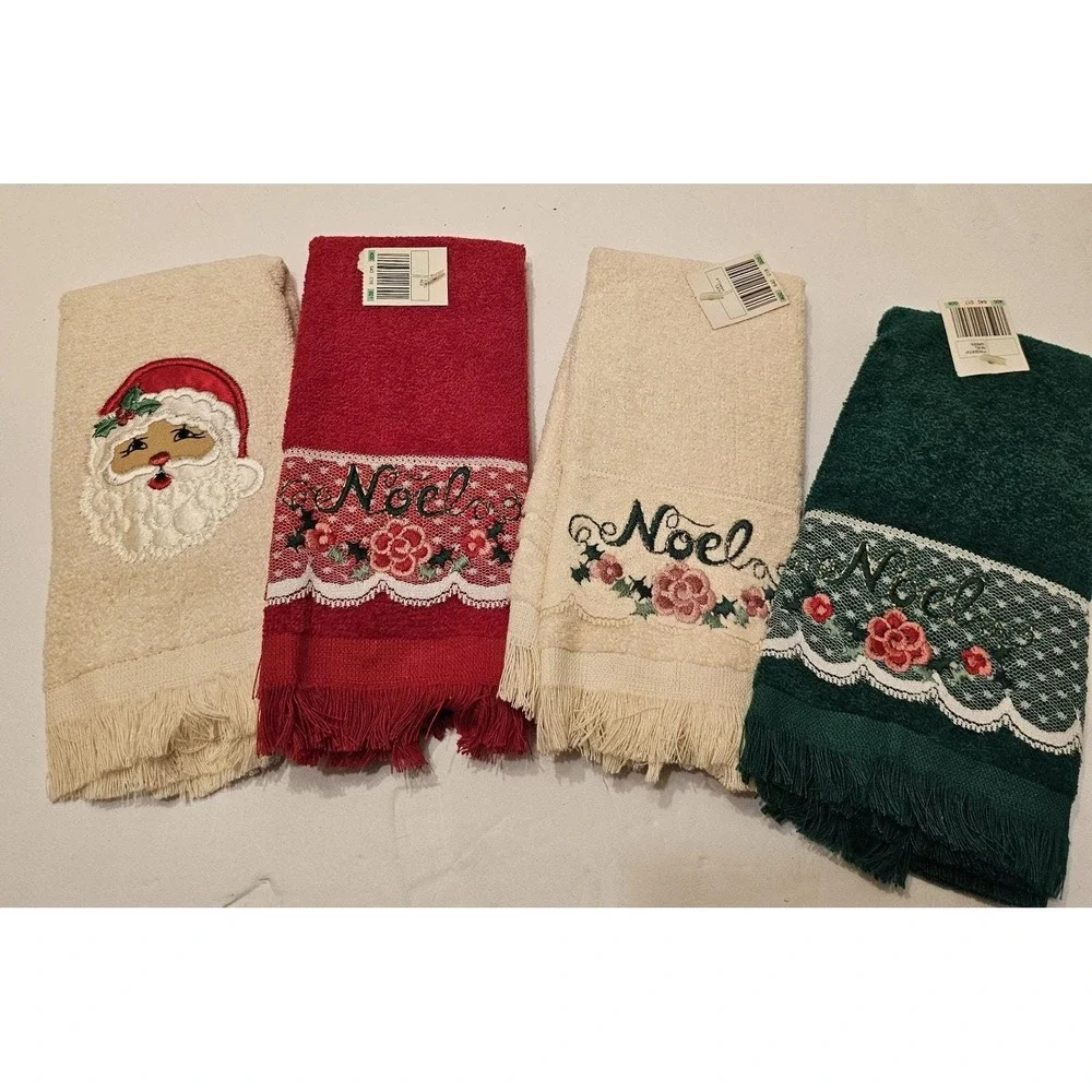 VTG Cannon Red Green Ivory Lace Fingertip 4Towels Santa Noel‎ Fringe NOS Holiday